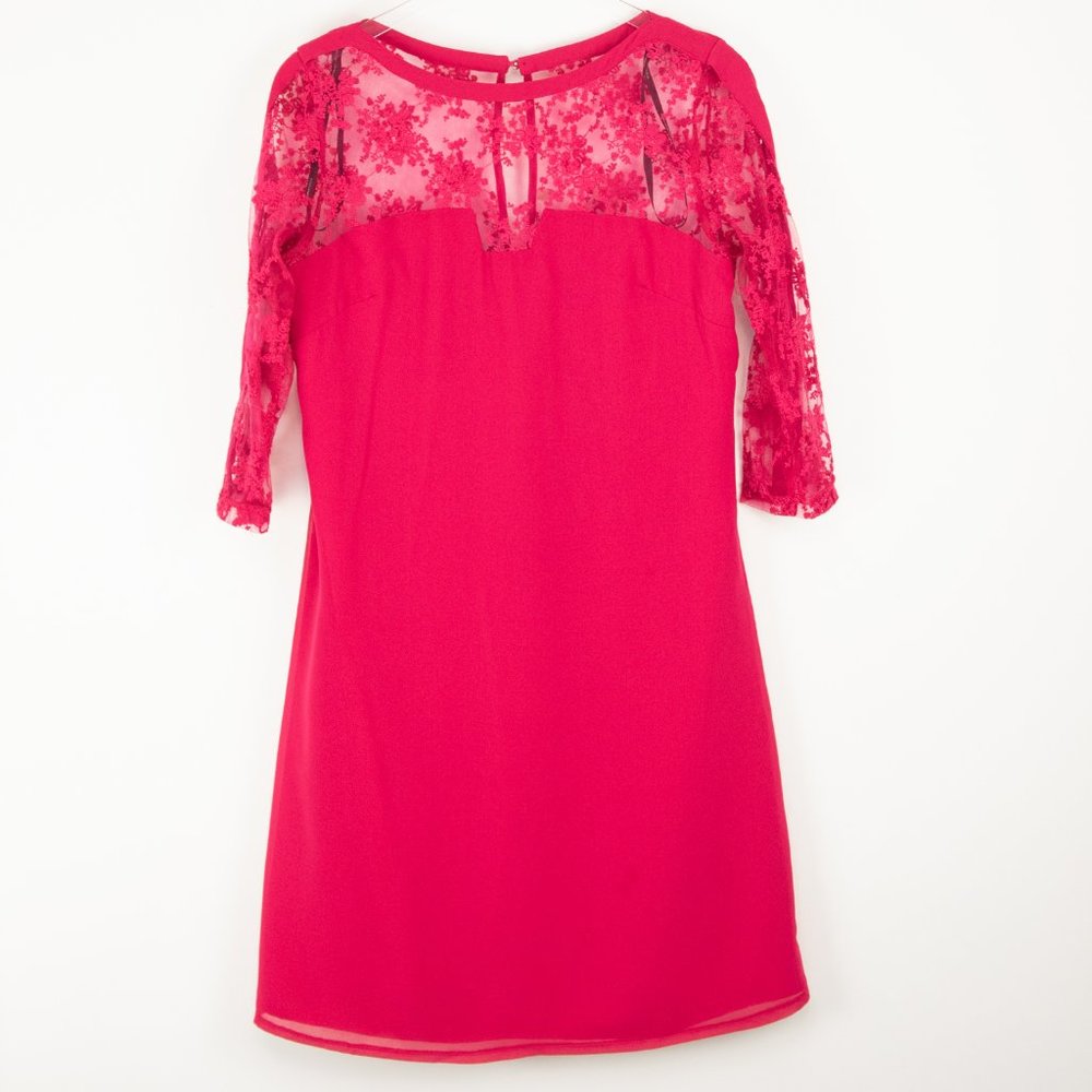 ASOS Little Mistress Dress Lace Quarter Sleeve Shift Mini Bright Pink Size 8 New - Picture 2 of 7